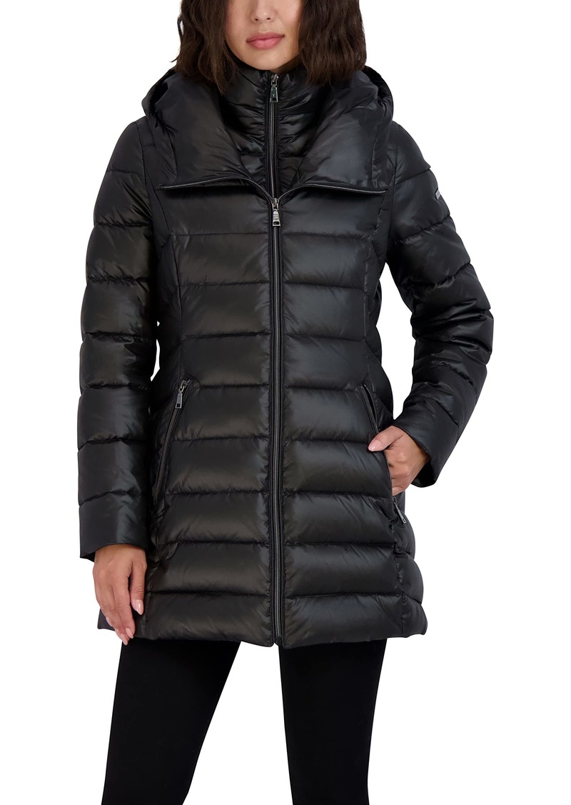 Tahari Women's 3/4 Midweight Puffer Jacket Zipper Front Pocket Bib Oversized Hood Fitted 32" Coat