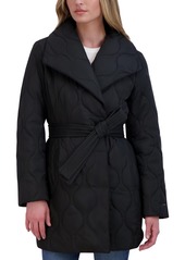 Tahari Women's Belted Asymmetrical Quilted Coat - Navy
