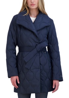 Tahari Women's Belted Asymmetrical Quilted Coat - Navy