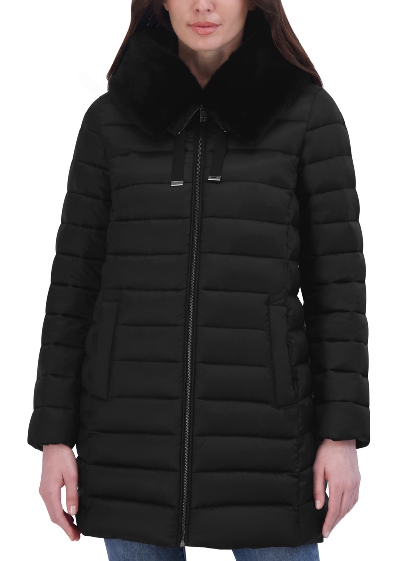 Tahari Women's Faux-Fur-Trim Hooded Packable Shine Puffer Coat - Noir