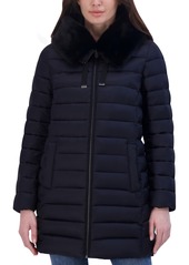 Tahari Women's Faux-Fur-Trim Hooded Packable Shine Puffer Coat - Noir