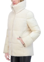 Tahari Women's Mixed-Media Stand-Collar Puffer Coat - Cream