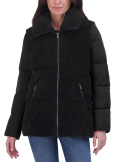 Tahari Women's Mixed-Media Stand-Collar Puffer Coat - Noir