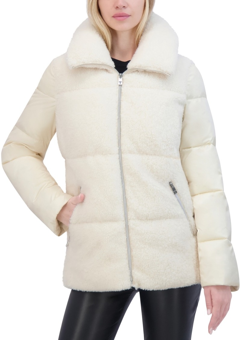 Tahari Women's Mixed-Media Stand-Collar Puffer Coat - Cream