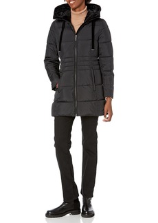 Tahari Women's Puffer Jacket with Velvet Lined Hood and Tunnel Neck