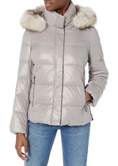 TAHARI Women's Short Puffer Jacket with Faux Fur Trimmed Removeable Hood Smokey Grey
