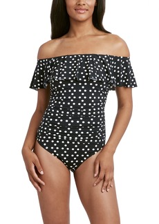Tahari Women's Standard One Piece Swimsuit Ruffle Off The Shoulder Tummy Control Quick Dry Bathing Suit