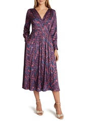 Tahari Satin Faux Wrap Long Sleeve Midi Dress in Plum Teal Abstract at Nordstrom