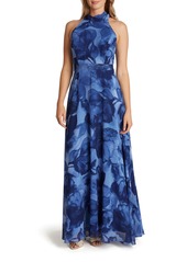 Tahari Watercolor Print Halter Neck Chiffon Gown in Blue Watercolor at Nordstrom