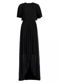 Talbot Runhof Capelet-Sleeve Stretch Tulle Gown