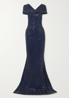 Talbot Runhof Gathered Sequined Metallic Stretch-crepe Gown
