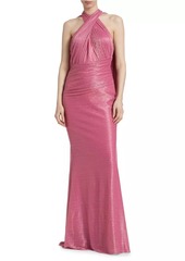 Talbot Runhof Metallic Voile Halter Cape Gown