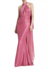 Talbot Runhof Metallic Voile Halter Cape Gown