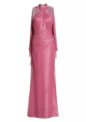 Talbot Runhof Metallic Voile Halter Cape Gown