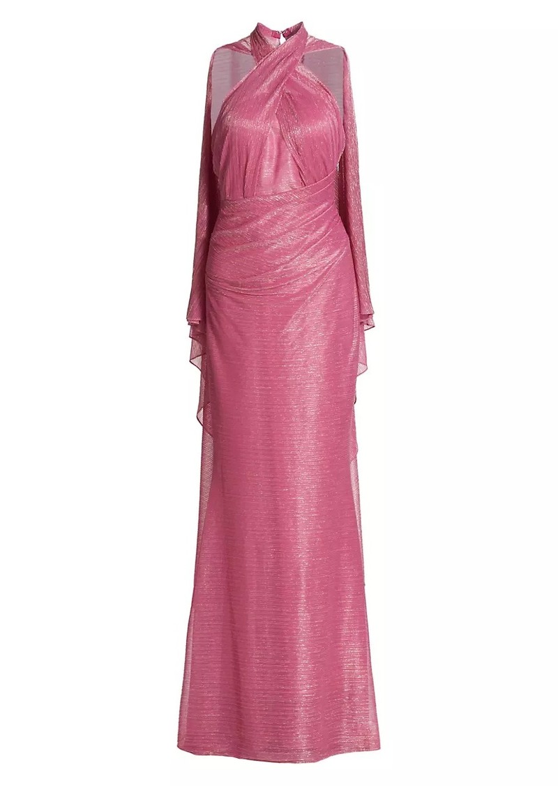 Talbot Runhof Metallic Voile Halter Cape Gown