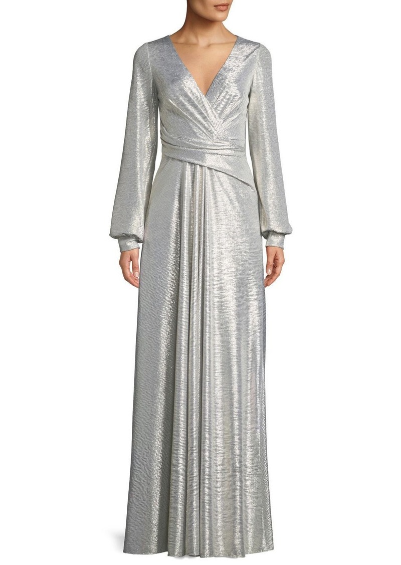 Rowley1 V-Neck Long-Sleeve Wrap-Design Metallic Pleated Jersey Evening Gown