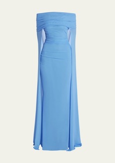 Talbot Runhof Off-Shoulder Stretch Tulle Cape Gown