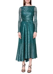 Talbot Runhof Pleated Long Sleeve Metallic Voile Midi Dress