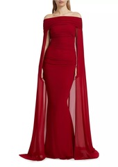 Talbot Runhof Tulle Off-the-Shoulder Cape-Sleeve Gown