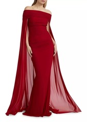 Talbot Runhof Tulle Off-the-Shoulder Cape-Sleeve Gown