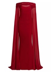 Talbot Runhof Tulle Off-the-Shoulder Cape-Sleeve Gown