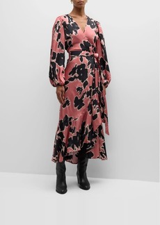 Tanya Taylor Blaire Long-Sleeve Hammered Satin Midi Wrap Dress