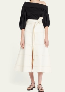 Tanya Taylor Hudson High-Waist Belted Denim Midi Skirt