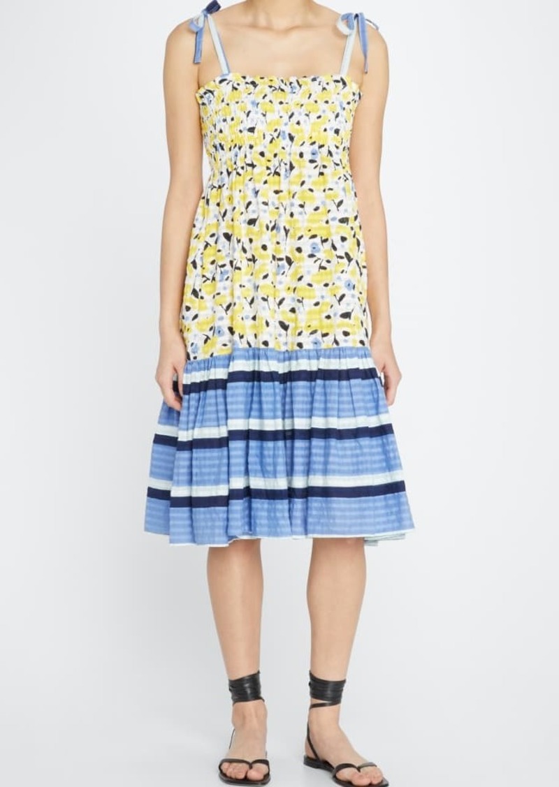 Tanya Taylor Leandra Mixed-Print Smocked Midi Dress