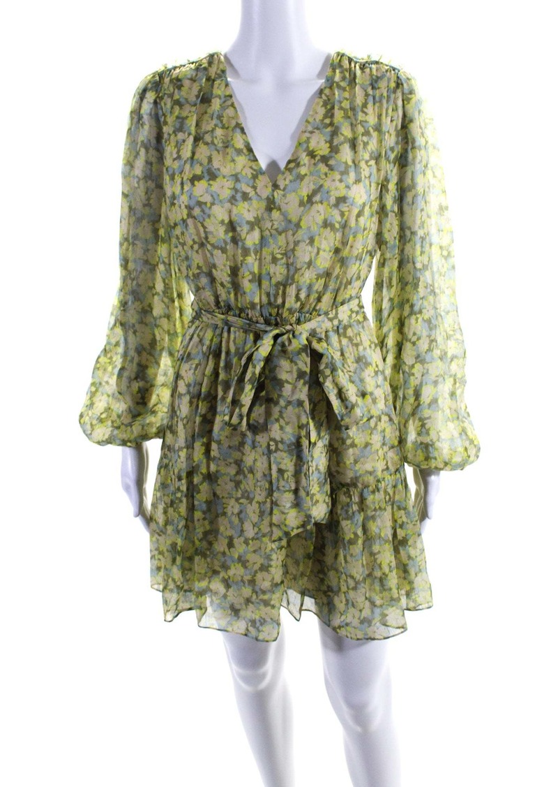 Tanya Taylor Womens Linen Long Sleeve V Neck Floral A Line Dress Green