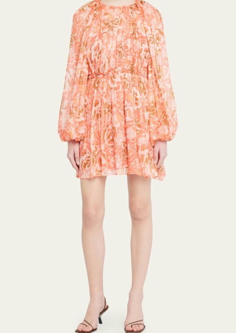 Tanya Taylor York Floral Linen-Silk Blouson-Sleeve Mini Dress
