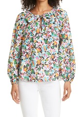 Tanya Taylor Isla Floral Tie Neck Cotton Blouse in Painterly Multicolor White at Nordstrom