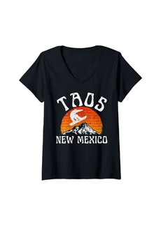 Womens Taos New Mexico Snowboarder Retro Sunset Mountains Ski V-Neck T-Shirt