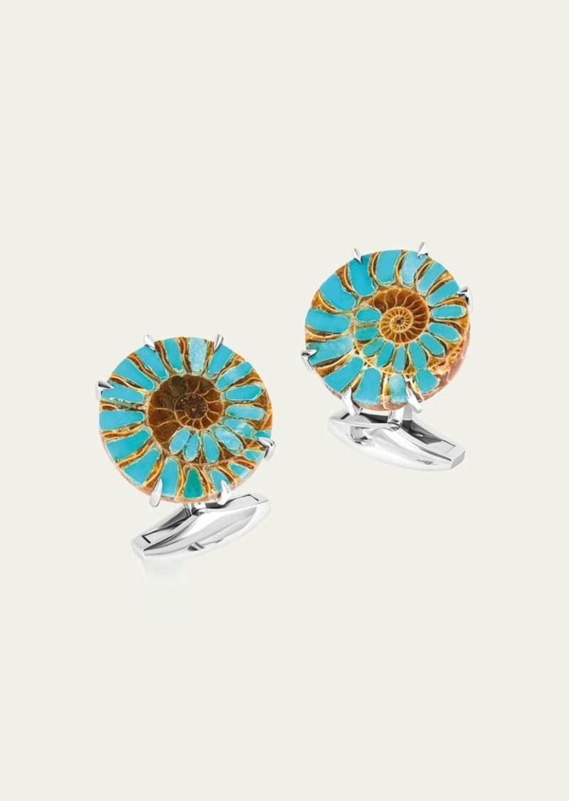 Tateossian Men's Limited Edition Ammonite Cufflinks in Rhodium Silver with Turquoise