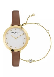 Ted Baker Ammy Iconic Goldtone Stainless Steel, Crystal & Leather Watch & Bracelet Gift Set