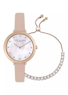Ted Baker Ammy Iconic Rose-Goldtone Stainless Steel, Crystal & Leather Watch & Bracelet Gift Set