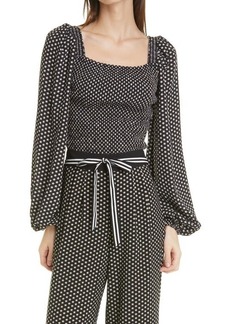Ted Baker London Daisy Print Smocked Balloon Sleeve Top in Black at Nordstrom