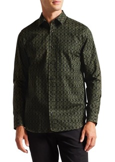 Ted Baker London Temple Long Sleeve Cotton Button-Up Shirt in Khaki at Nordstrom