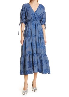Ted Baker London Zilda Floral Puff Sleeve Faux Wrap Midi Dress in Blue at Nordstrom