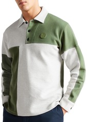 Ted Baker Wickam Cotton Textured Waffle Knit Color Blocked Long Sleeve Polo Shirt