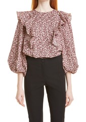 Ted Baker London Sanjaa Floral Ruffle Cotton Blouse in Dark Purple at Nordstrom