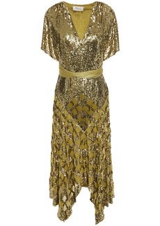 Temperley London Woman Akiko Asymmetric Belted Sequined Georgette Midi Dress Gold