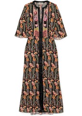 Temperley London Woman Rosy Embroidered Floral-print Crepe De Chine Midi Dress Black