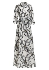 Teri Jon Abstract-Print Embellished Organza Tie-Waist Gown