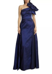Teri Jon Asymmetric Bow-Embellished Satin Gown