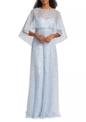 Teri Jon Beaded Tulle & Lace Capelet Gown