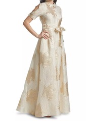 Teri Jon Brocade Organza Tie Waist Gown