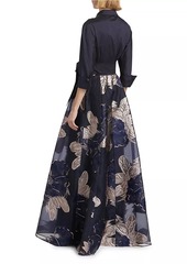 Teri Jon Burnout Floral Taffeta Shirtwaist Gown