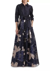 Teri Jon Burnout Floral Taffeta Shirtwaist Gown