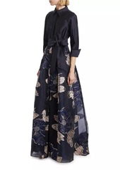 Teri Jon Burnout Floral Taffeta Shirtwaist Gown