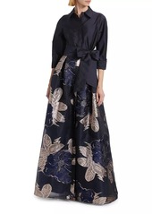 Teri Jon Burnout Floral Taffeta Shirtwaist Gown